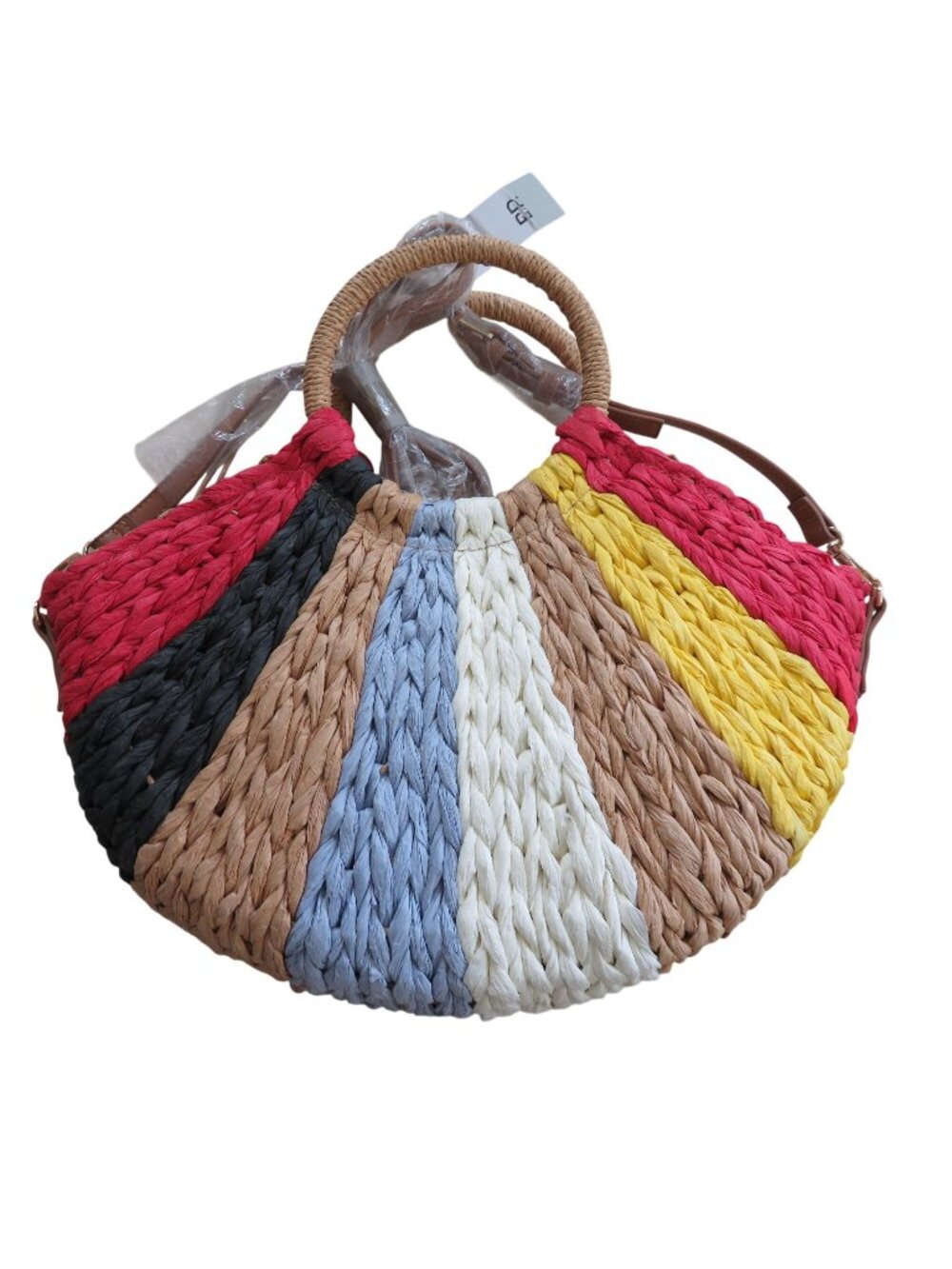 Vintage Nordstrom Multi-Color Woven Half-Moon Straw Bag Handles Adjustable Strap
